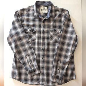 Roebuck & Co Western blur plaid, pearl snap long sleeve button up. XL.